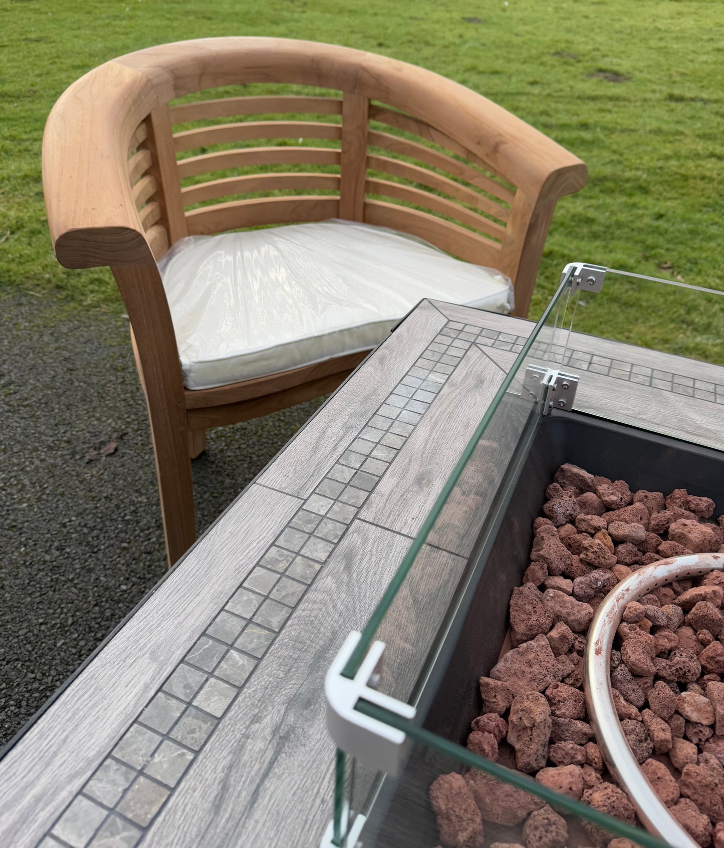 Teak Banana Chairs and Firepit Set Grey