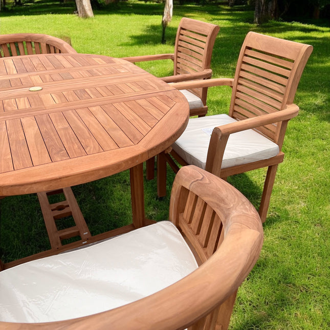 Teak Deluxe Garden Furniture Set 6 Seater 120cm - 170cm Dining Table 4  Enclave Stacking Chairs & 2 Harmony Chairs With Cushions