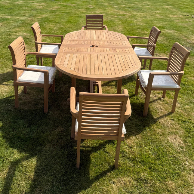 Teak Garden Furniture Set 4cm Top 180cm - 240cm Dining table & 6 Eden Stacking Chairs