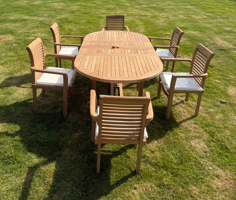 Teak Garden Furniture Set 4cm Top 180cm - 240cm Dining table & 6 Eden Stacking Chairs