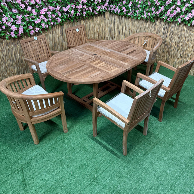 Teak Deluxe Garden Furniture Set 6 Seater 120cm - 170cm Dining Table 4  Elysian Stacking Chairs & 2 Harmony Chairs With Cushions