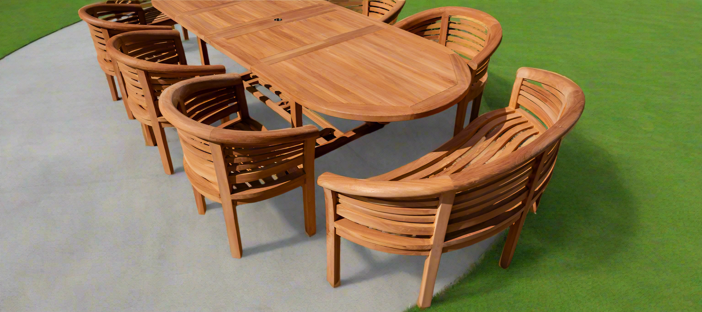 Teak Deluxe Garden Furniture Set 200cm - 300cm Oval Dining Table 4CM Thick 2 Horizontal Benches & 6 Deluxe Banana Chairs With Cushions