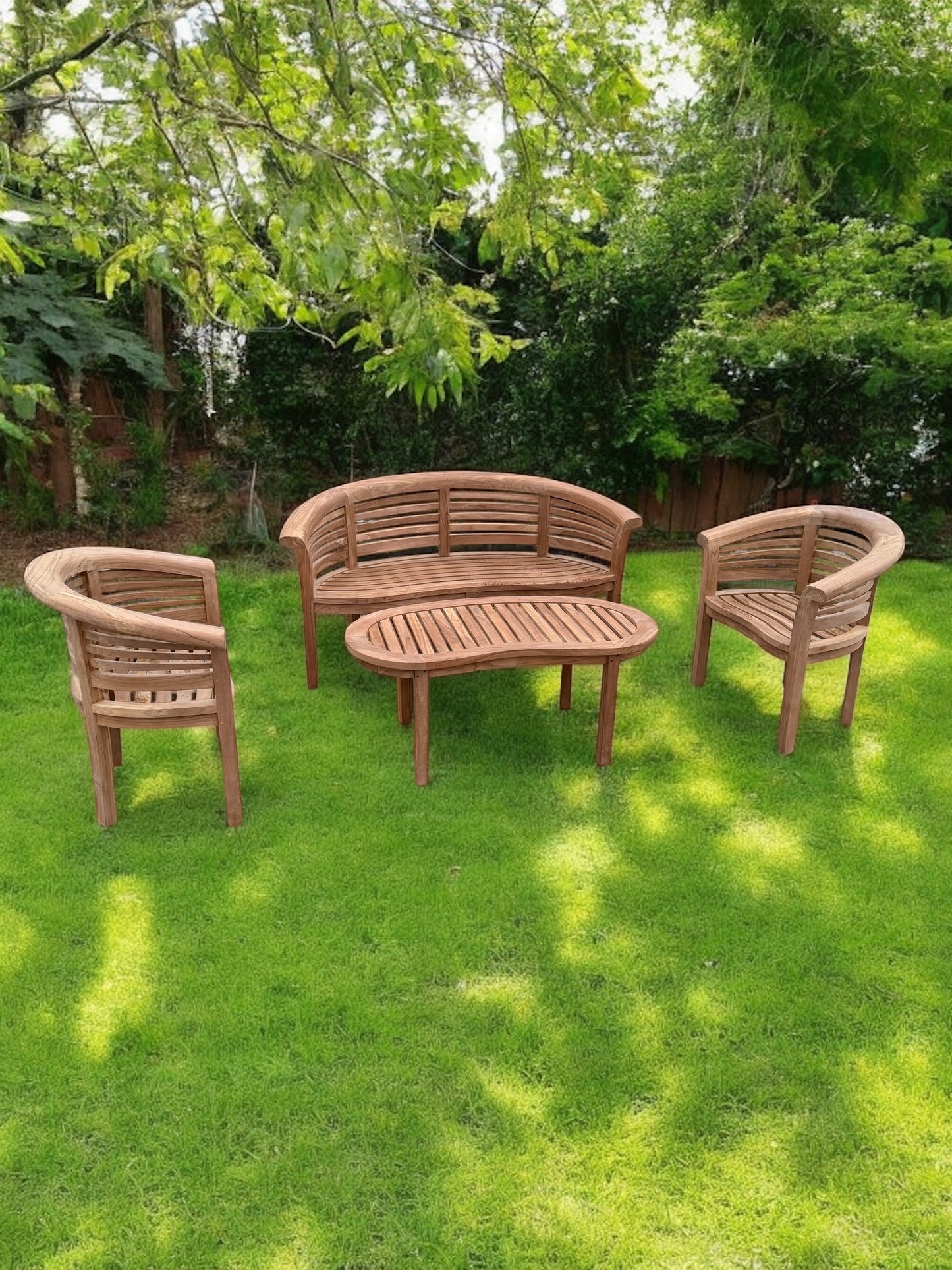 Teak Banana Curved Garden Bench Set Horizontal Extra Thick Four Piece