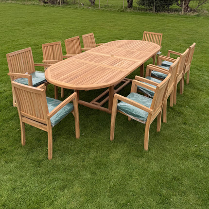 Teak Deluxe Garden Furniture Set 200cm - 300cm Dining Table 4CM Thick & 12 Elysian Chairs With Cushions