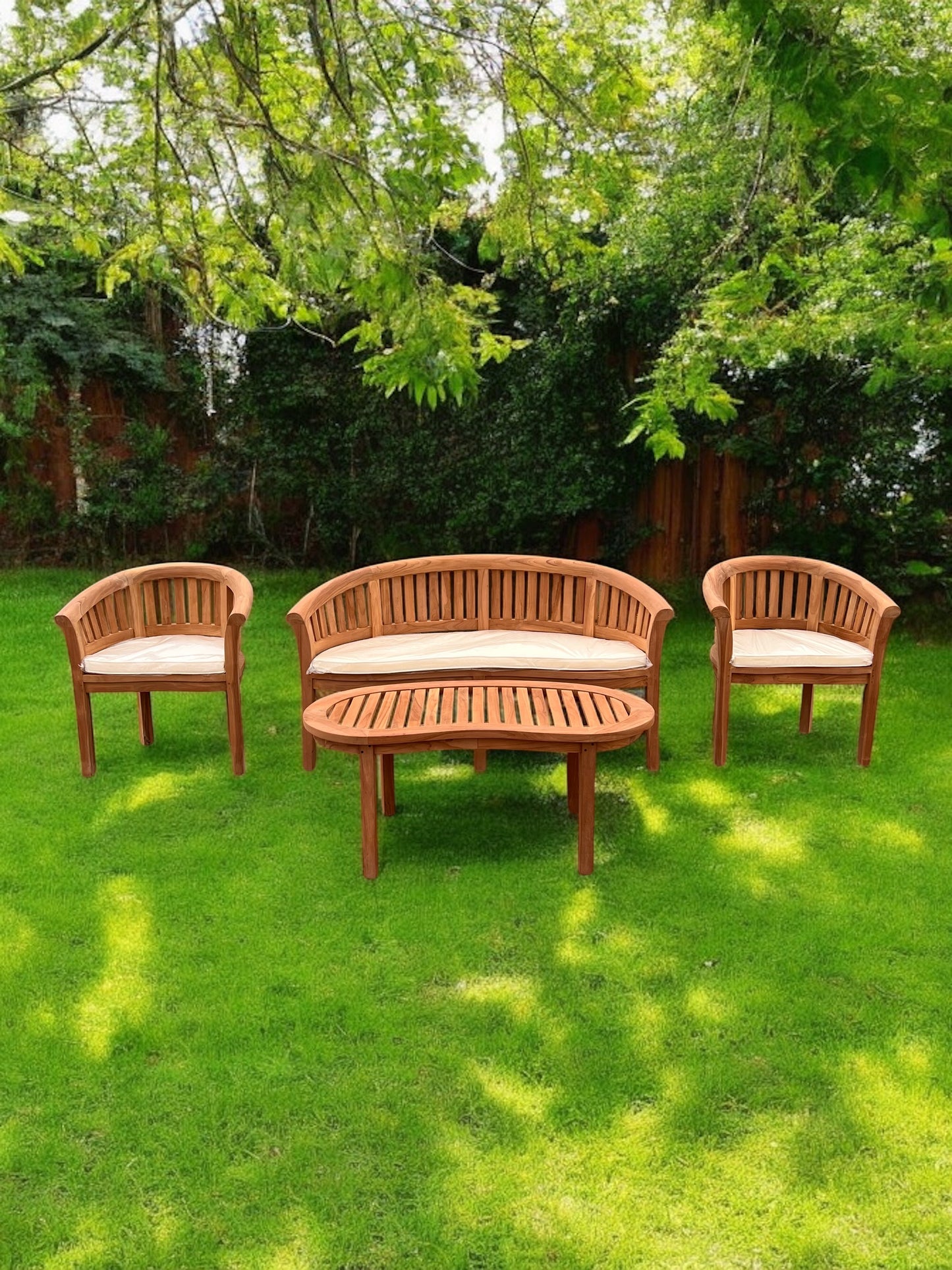 Teak Banana Curved Garden Bench Set With Coffee Table Four Piece