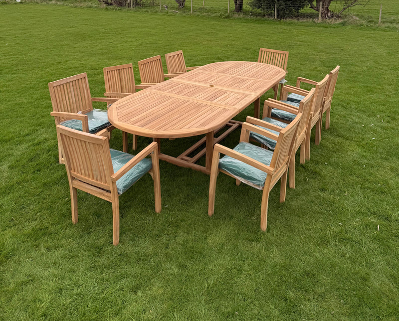 Teak Deluxe Garden Furniture Set 200cm - 300cm Dining Table 4CM Thick & 10 Elysian Chairs With Cushions