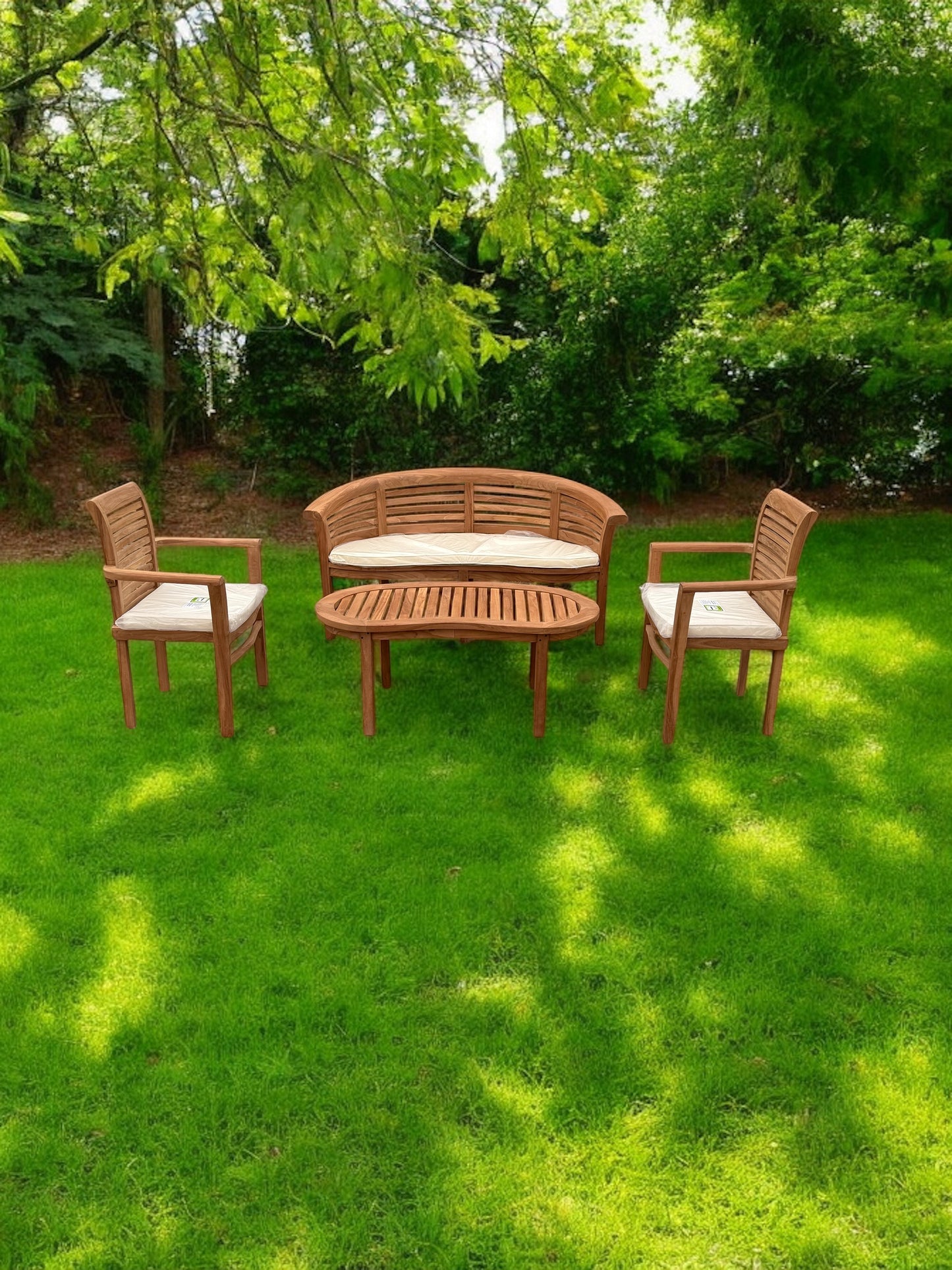 Teak Banana Curved Garden Bench Set Horizontal Bench Coffee Table & Two Chairs Four Piece