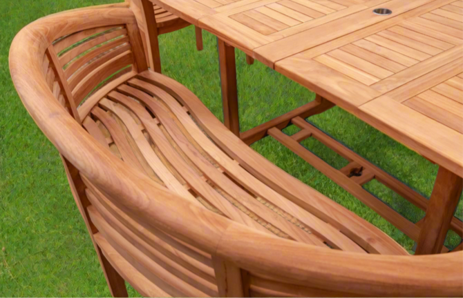 Teak Garden Furniture Set 180cm - 240cm Dining table, 2 Horizontal Banana Benches & 2 Horizontal Banana Chairs with Cushions