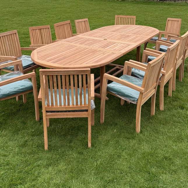 Teak Deluxe Garden Furniture Set 200cm - 300cm Dining Table 4CM Thick & 12 Elysian Chairs With Cushions