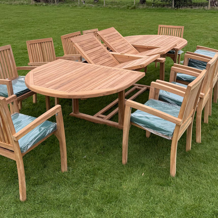 Teak Deluxe Garden Furniture Set 200cm - 300cm Dining Table 4CM Thick & 10 Elysian Chairs With Cushions