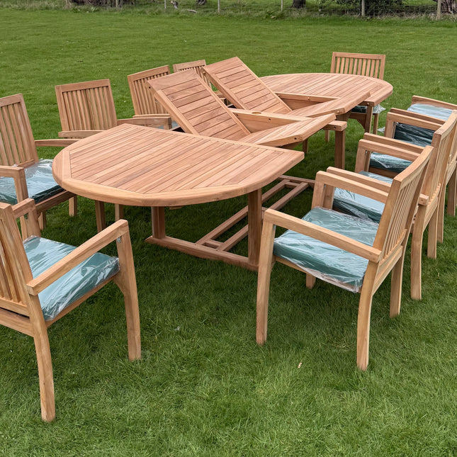 Teak Deluxe Garden Furniture Set 200cm - 300cm Dining Table 4CM Thick & 10 Elysian Chairs With Cushions