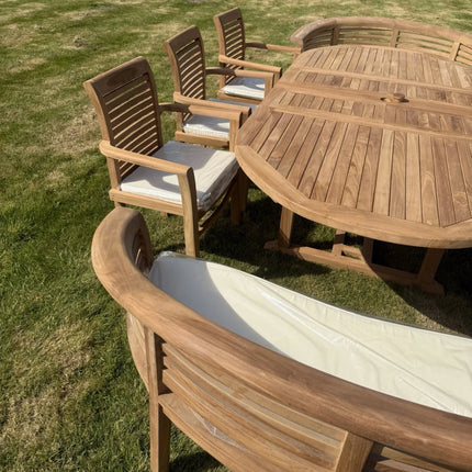 Teak Garden Furniture Set 4cm 180cm - 240cm Extending Dining Table & 6 Chairs + 2 Harmony Curve Benches