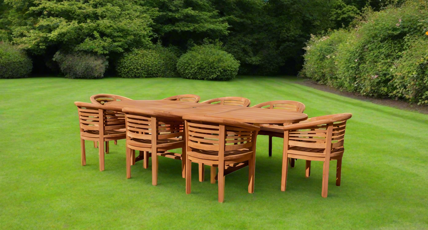 Teak Deluxe Garden Furniture Set 200cm - 300cm Oval Dining Table 4CM Thick & 8 Deluxe Horizontal Banana Chairs With Cushions