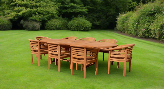 Teak Deluxe Garden Furniture Set 200cm - 300cm Oval Dining Table 4CM Thick & 8 Deluxe Horizontal Banana Chairs With Cushions