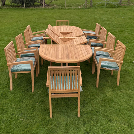 Teak Deluxe Garden Furniture Set 200cm - 300cm Dining Table 4CM Thick & 10 Elysian Chairs With Cushions