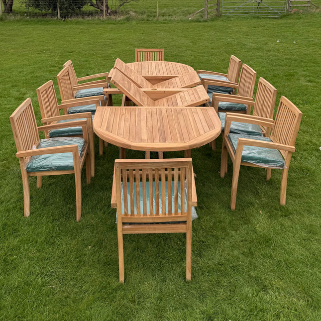 Teak Deluxe Garden Furniture Set 200cm - 300cm Dining Table 4CM Thick & 10 Elysian Chairs With Cushions