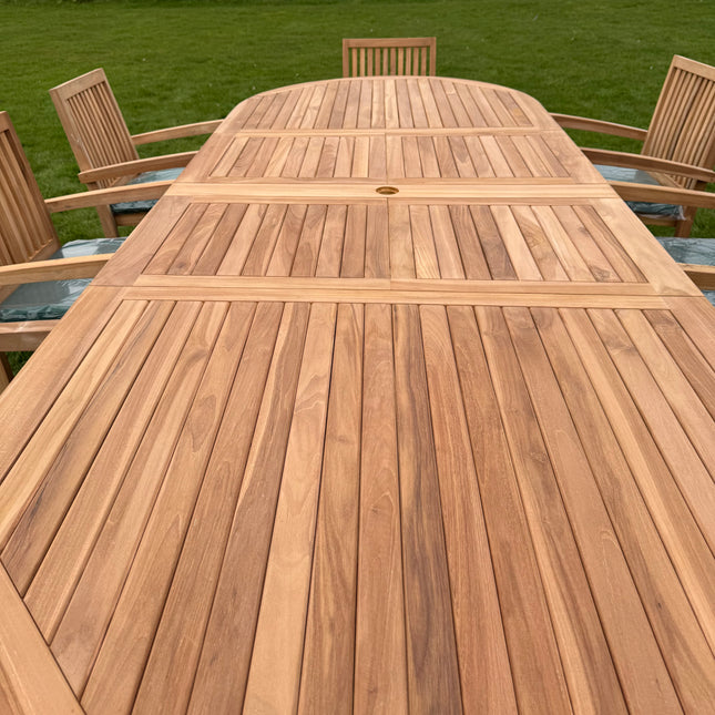 Teak Deluxe Garden Furniture Set 200cm - 300cm Dining Table 4CM Thick & 10 Elysian Chairs With Cushions
