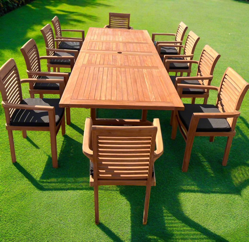 Teak Deluxe Garden Furniture Set 200cm - 300cm Dining Table 4CM Thick & 10 Chairs With Cushions