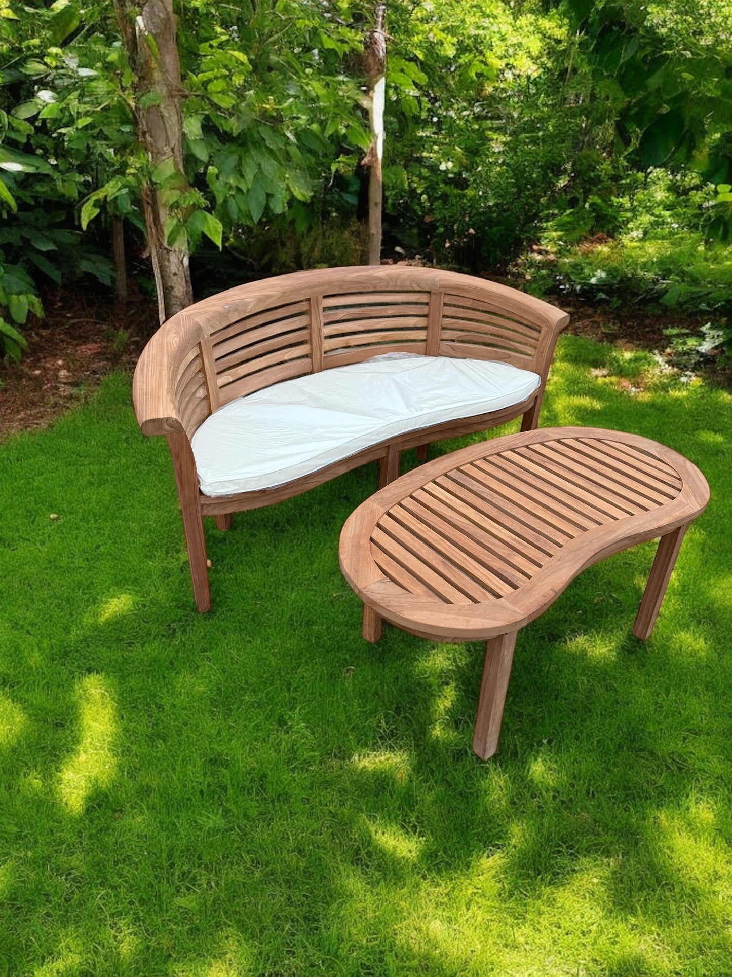 Teak Banana Curved Garden Bench Extra Thick (Deluxe) Horizontal With Coffee Table Two Piece Set