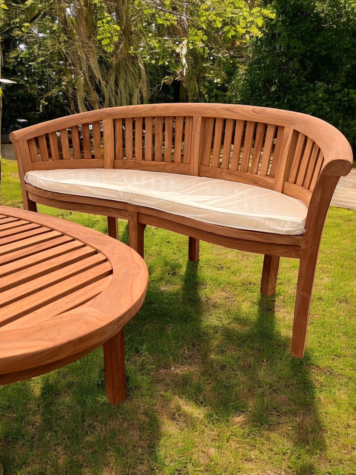 Teak Banana Curved Garden Bench With Coffee Table Two Piece Set