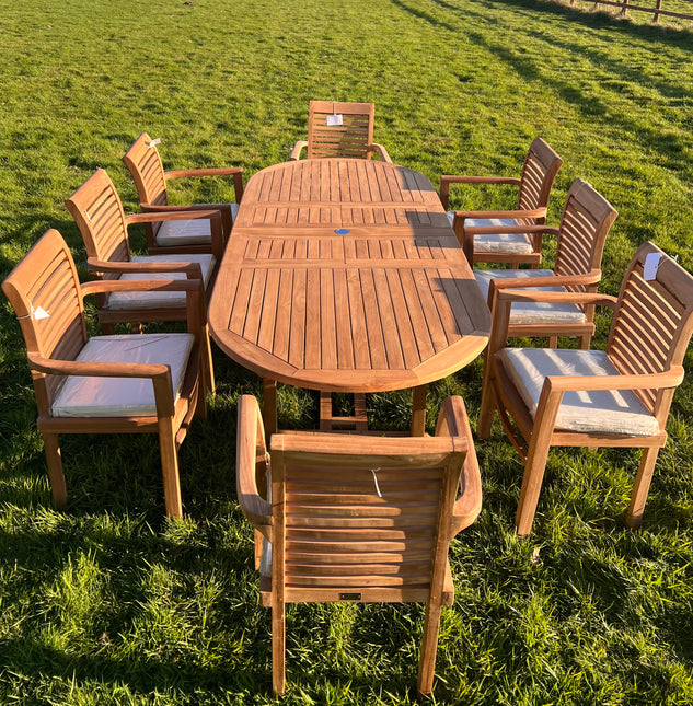 Teak Garden Furniture Set 180cm - 240cm Dining table & 8 Chairs with Cushions!