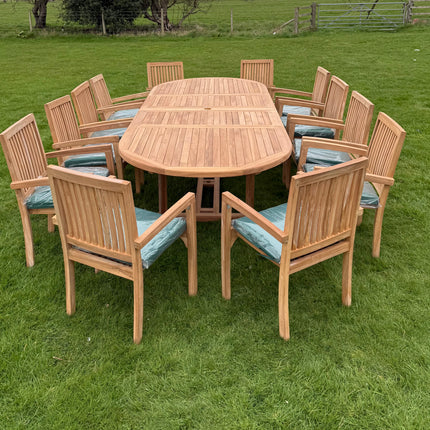 Teak Deluxe Garden Furniture Set 200cm - 300cm Dining Table 4CM Thick & 12 Elysian Chairs With Cushions