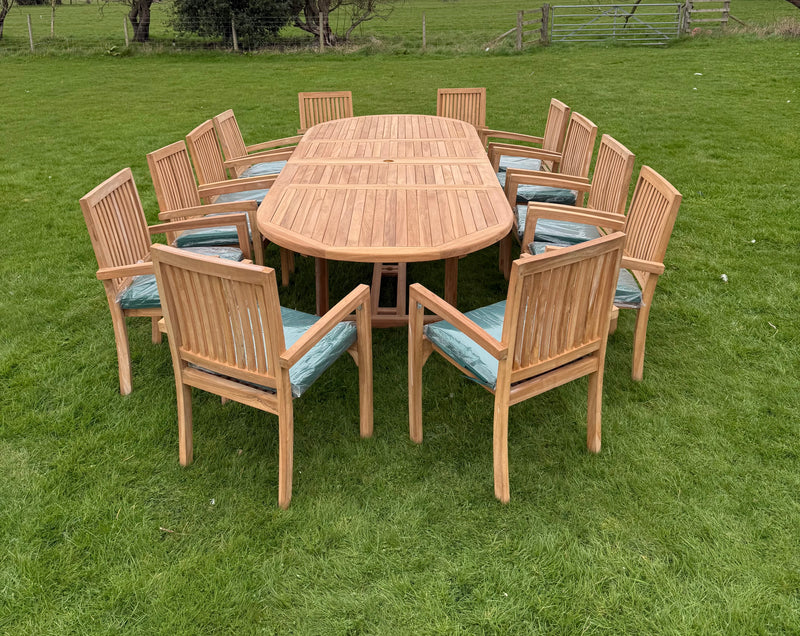 Teak Deluxe Garden Furniture Set 200cm - 300cm Dining Table 4CM Thick & 12 Elysian Chairs With Cushions