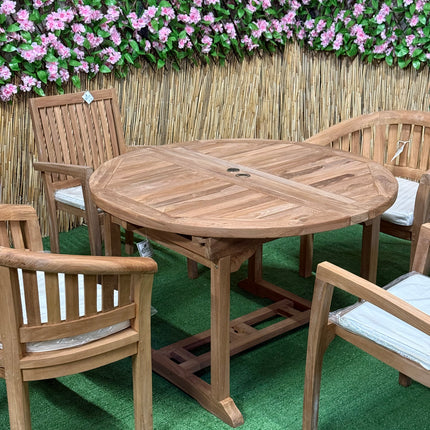 Teak Deluxe Garden Furniture Set 4 Seater 120cm - 170cm Dining Table 2 Elysian Stacking Chairs & 2 Harmony Chairs With Cushions