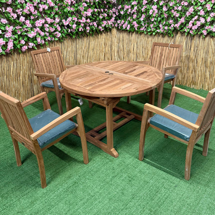Teak Deluxe Garden Furniture Set 120cm - 170cm Oval Dining Table 4cm Thick & 6 Elysian Stacking Chairs With Cushions