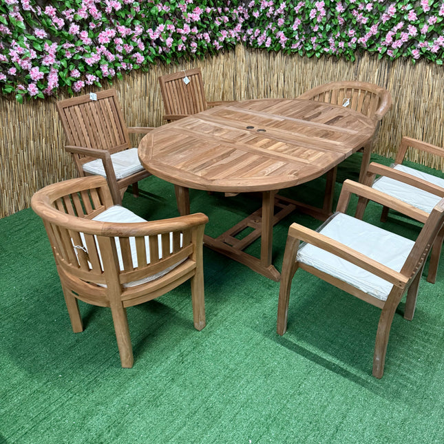 Teak Deluxe Garden Furniture Set 6 Seater 120cm - 170cm Dining Table 4  Elysian Stacking Chairs & 2 Harmony Chairs With Cushions