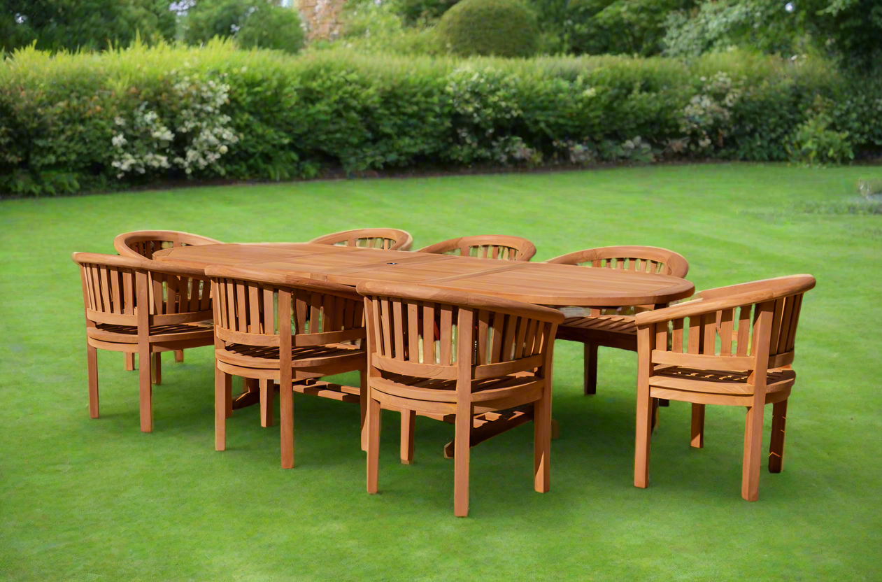 Teak Deluxe Garden Furniture Set 200cm - 300cm Oval Dining Table 4CM Thick & 8 Deluxe Banana Chairs With Cushions