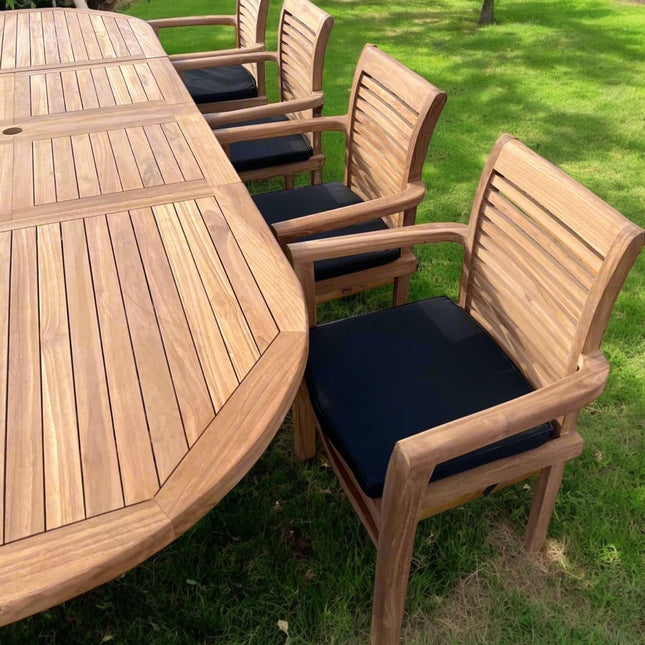 Teak Deluxe Garden Furniture Set 200cm - 300cm Dining Table 4CM Thick & 10 Chairs With Cushions