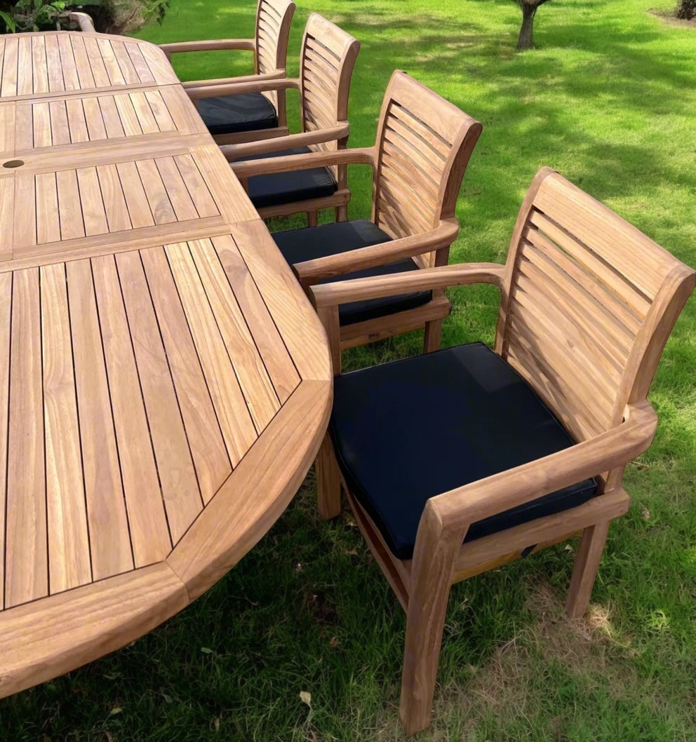 Teak Deluxe Garden Furniture Set 200cm - 300cm Dining Table 4CM Thick & 10 Chairs With Cushions