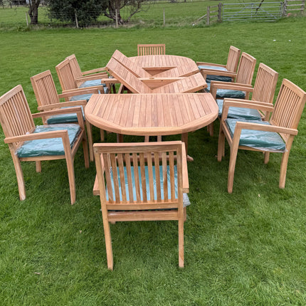 Teak Deluxe Garden Furniture Set 200cm - 300cm Dining Table 4CM Thick & 10 Elysian Chairs With Cushions