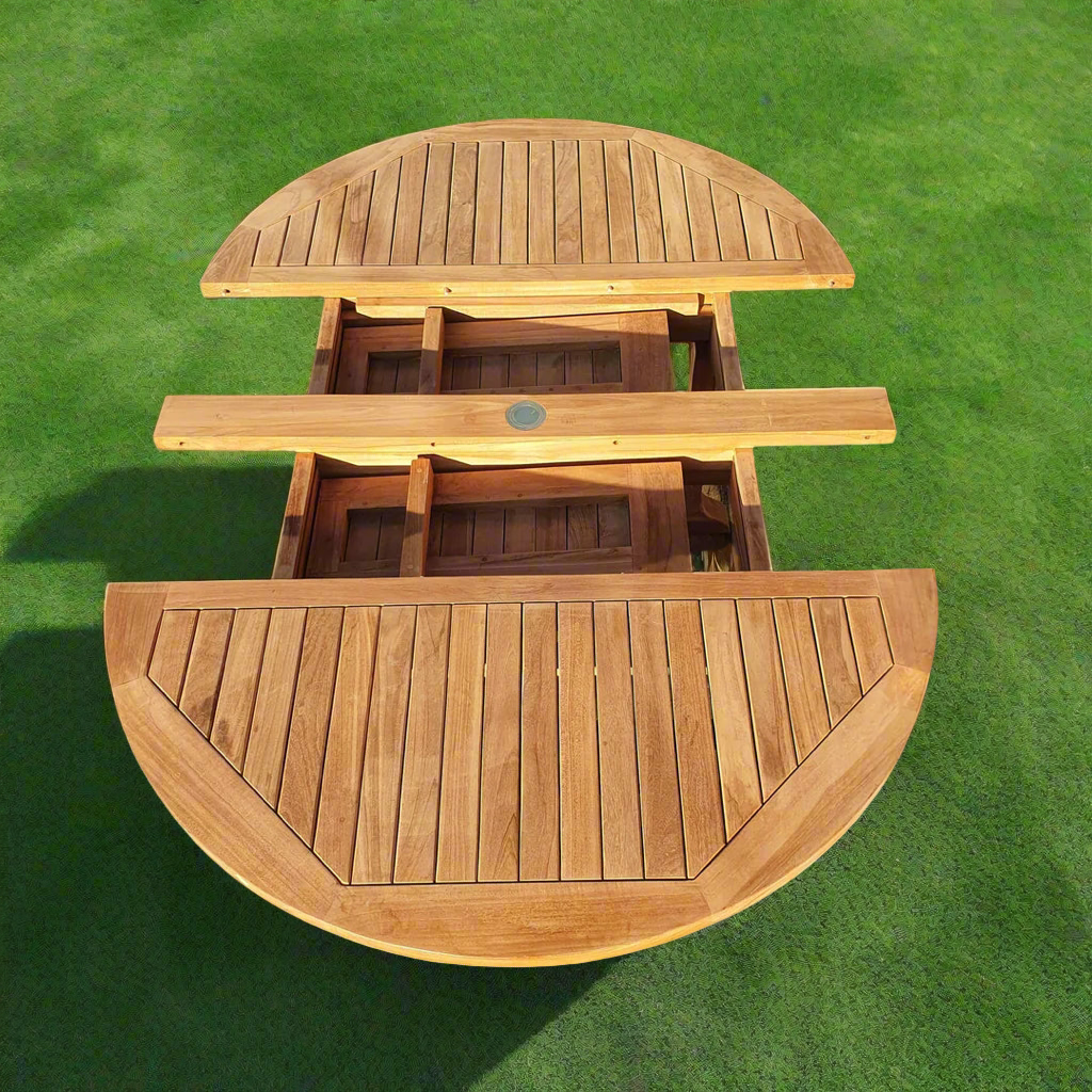 Teak Deluxe Garden Furniture Set 120cm - 170cm Dining Table & 4 Banana Chairs With Cushions!