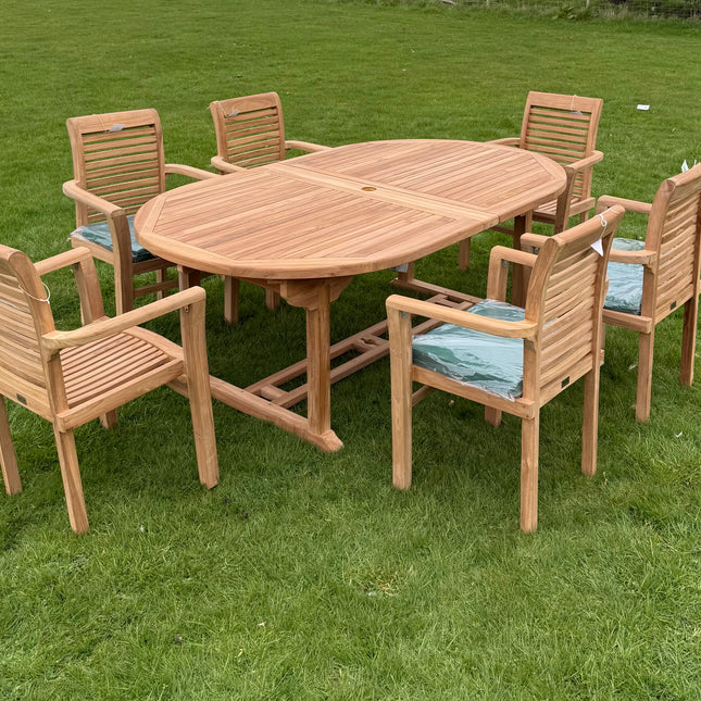 Teak Deluxe Garden Furniture Set 200cm - 300cm Dining Table 4CM Thick & 10 Enclave Chairs With Cushions