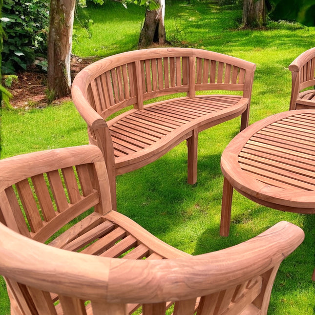 Teak Harmony Curved Garden Bench Set Vertical With Coffee Table Four Piece