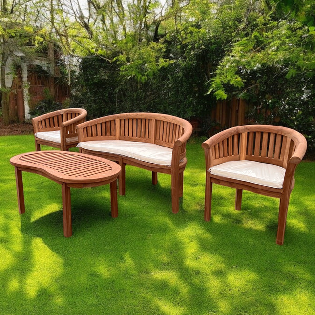 Teak Harmony Curved Garden Bench Set Vertical With Coffee Table Four Piece