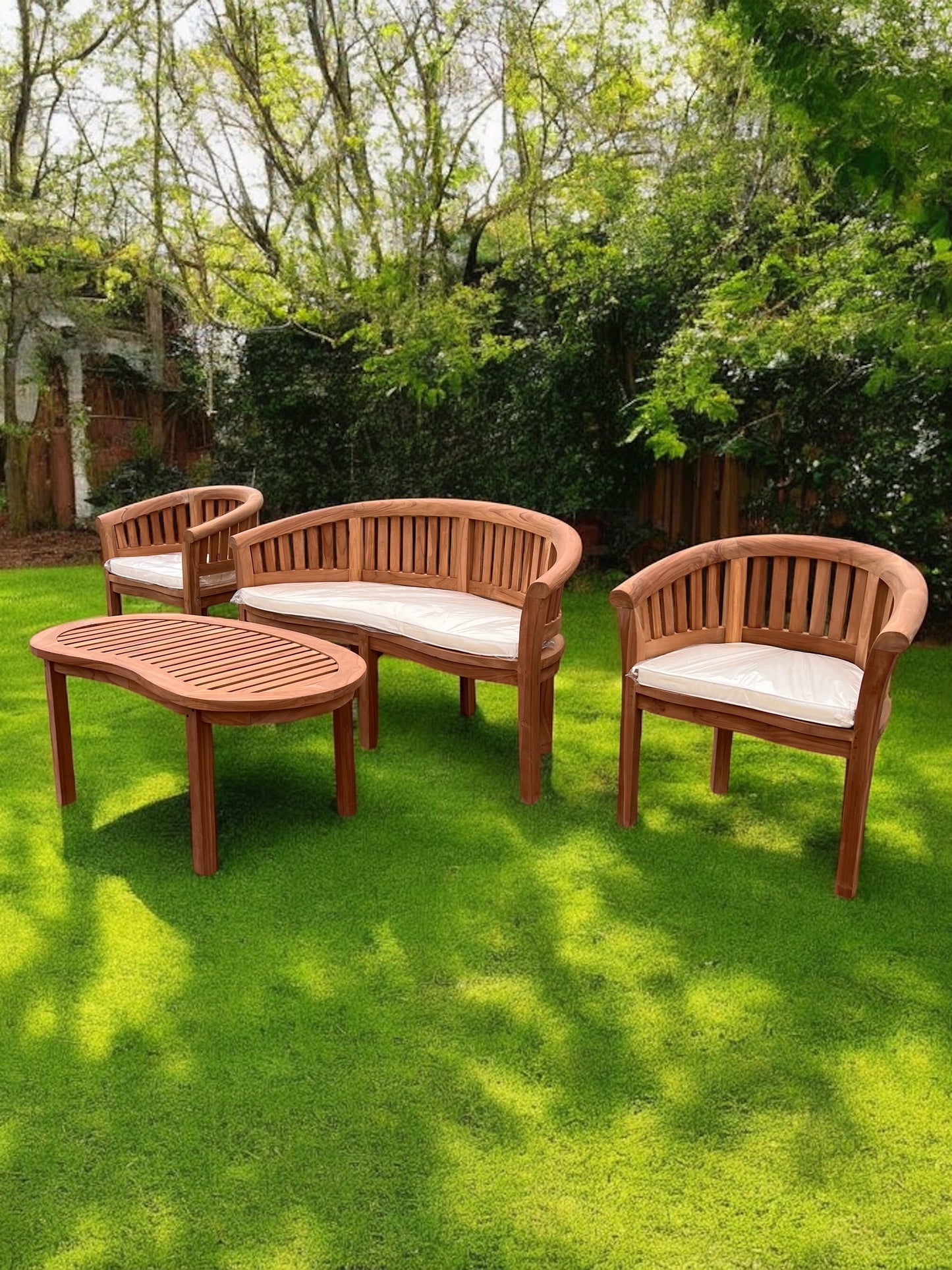 Teak Banana Curved Garden Bench Set With Coffee Table Four Piece