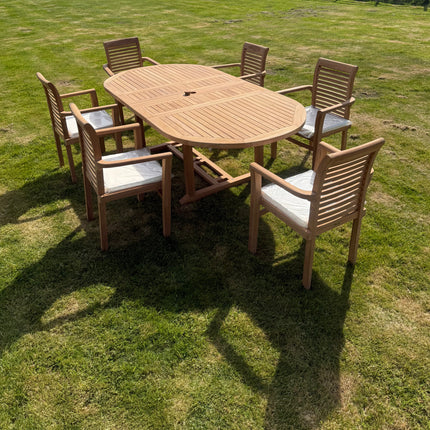 Teak Garden Furniture Set 4cm Top 180cm - 240cm Dining table & 6 Eden Stacking Chairs