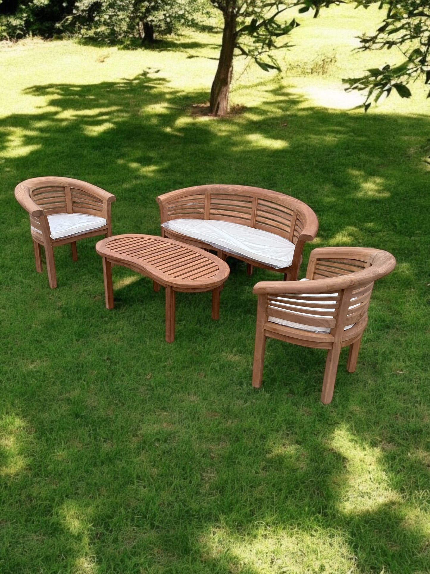 Teak Banana Curved Garden Bench Set Horizontal Extra Thick Four Piece