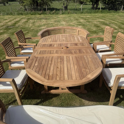 Teak Garden Furniture Set 4cm 180cm - 240cm Extending Dining Table & 6 Chairs + 2 Harmony Curve Benches