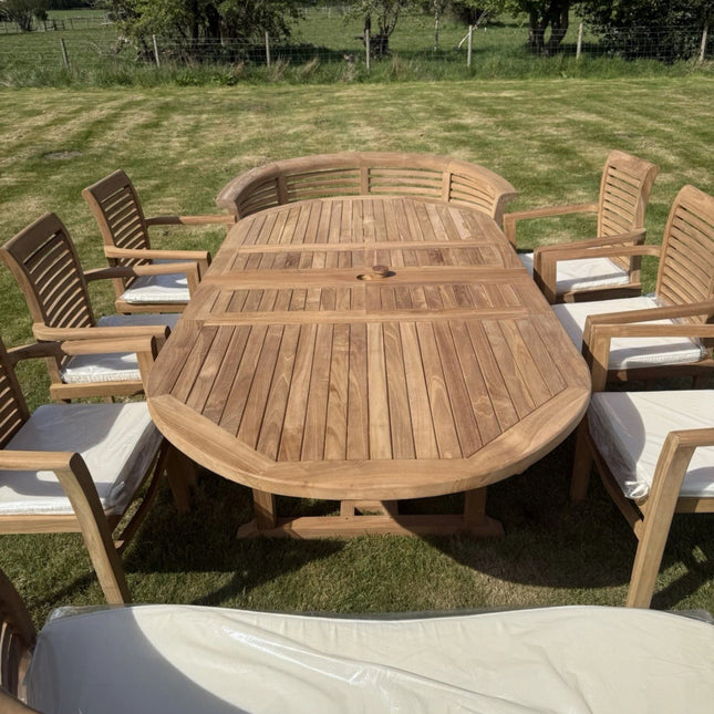 Teak Garden Furniture Set 4cm 180cm - 240cm Extending Dining Table & 6 Chairs + 2 Harmony Curve Benches