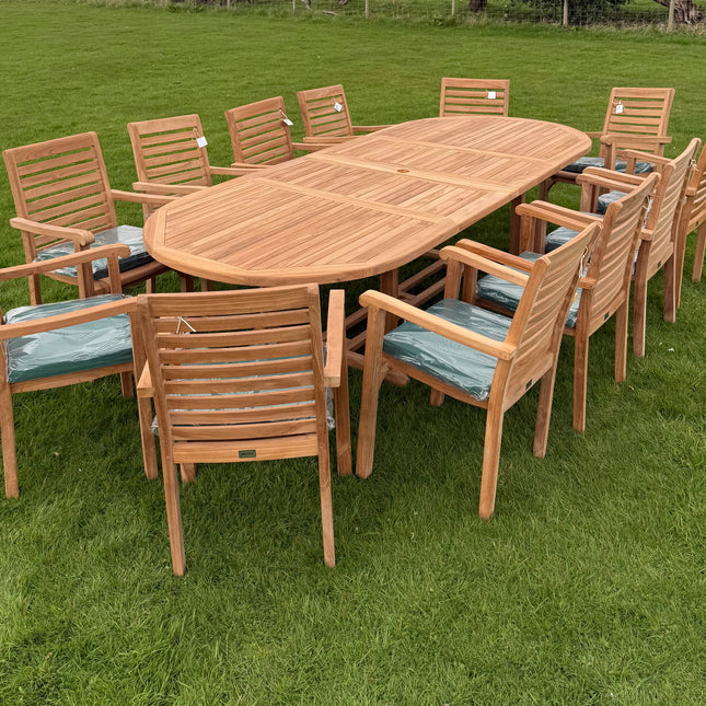 Teak Deluxe Garden Furniture Set 200cm - 300cm Dining Table 4CM Thick & 12 Chairs With Cushions