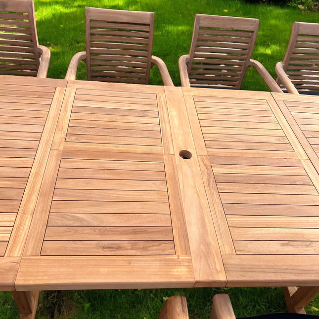 Teak Deluxe Garden Furniture Set 200cm - 300cm Dining Table 4CM Thick & 10 Chairs With Cushions