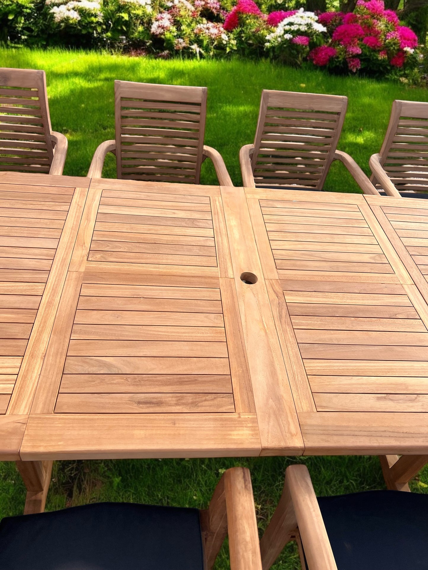 Teak Deluxe Garden Furniture Set 200cm - 300cm Dining Table 4CM Thick & 10 Chairs With Cushions