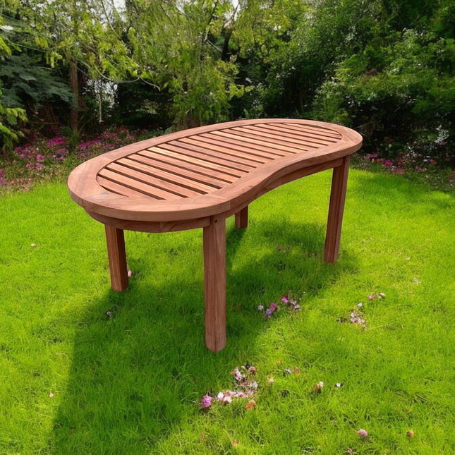 Teak Vertical Harmony Curved Garden Bench Set Coffee Table Two Enclave Stacking Chairs Four Piece