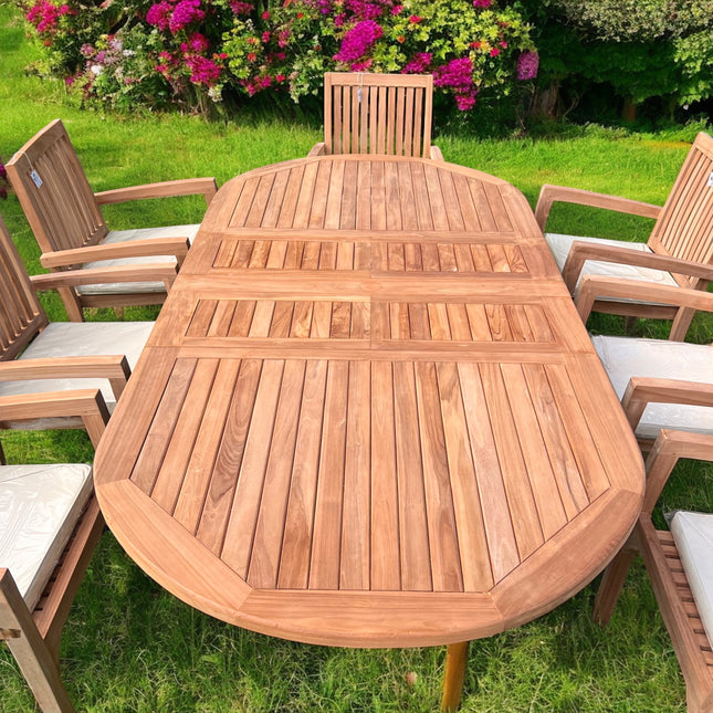 Teak Garden Furniture Set 180cm - 240cm Extending Dining Table 8 Elysian Stacking Chairs With Cushions