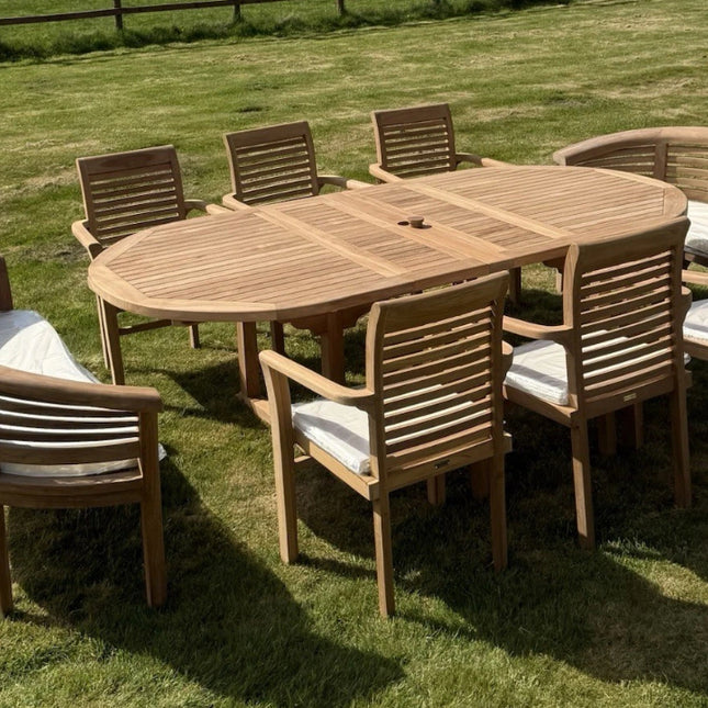 Teak Garden Furniture Set 4cm 180cm - 240cm Extending Dining Table & 6 Chairs + 2 Harmony Curve Benches