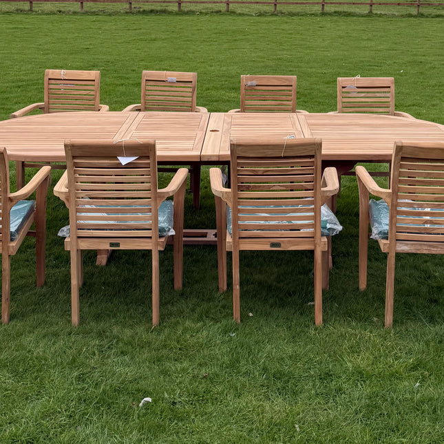 Teak Deluxe Garden Furniture Set 200cm - 300cm Dining Table 4CM Thick & 10 Enclave Chairs With Cushions